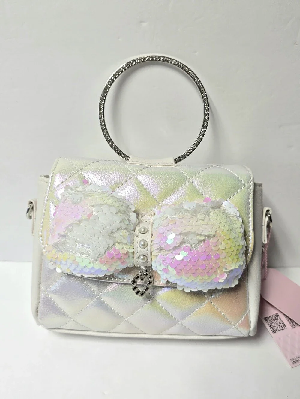 NWT OMG Accessories White Pearlescent Sequin Bow Bling Ring Handle Crossbod Bag